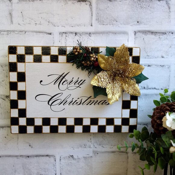 Checked Merry Christmas Sign Checked Ornament Checked Holiday Courtly Decor - Picture 1 of 7